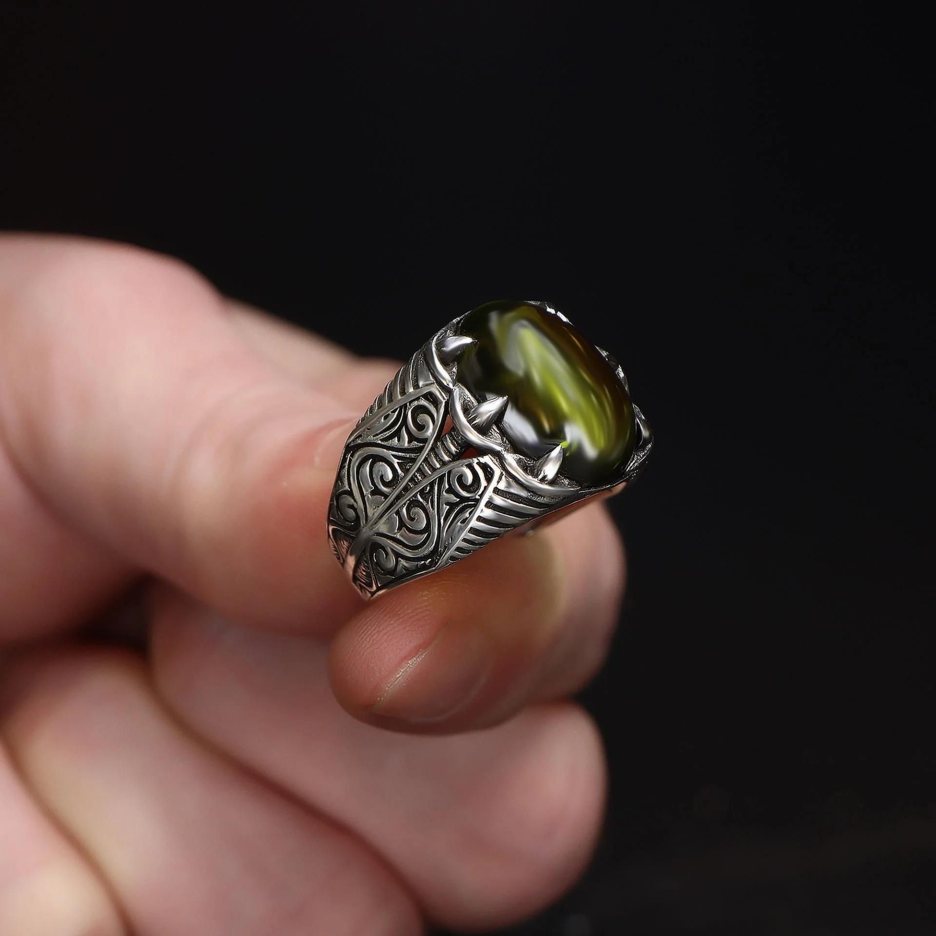 Peridot Taşlı 925 Ayar Erkek Gümüş Yüzük