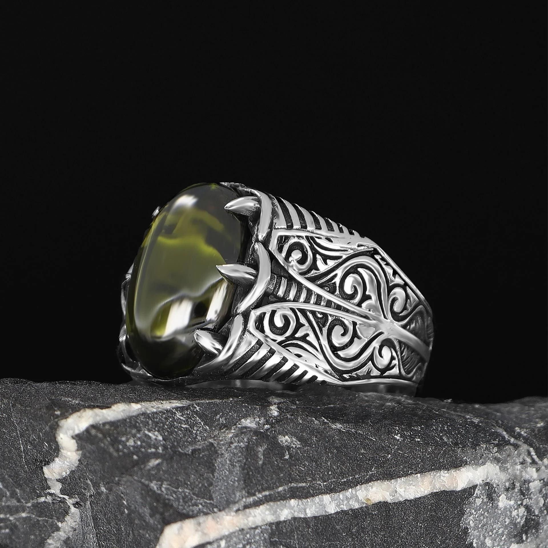Peridot Taşlı 925 Ayar Erkek Gümüş Yüzük