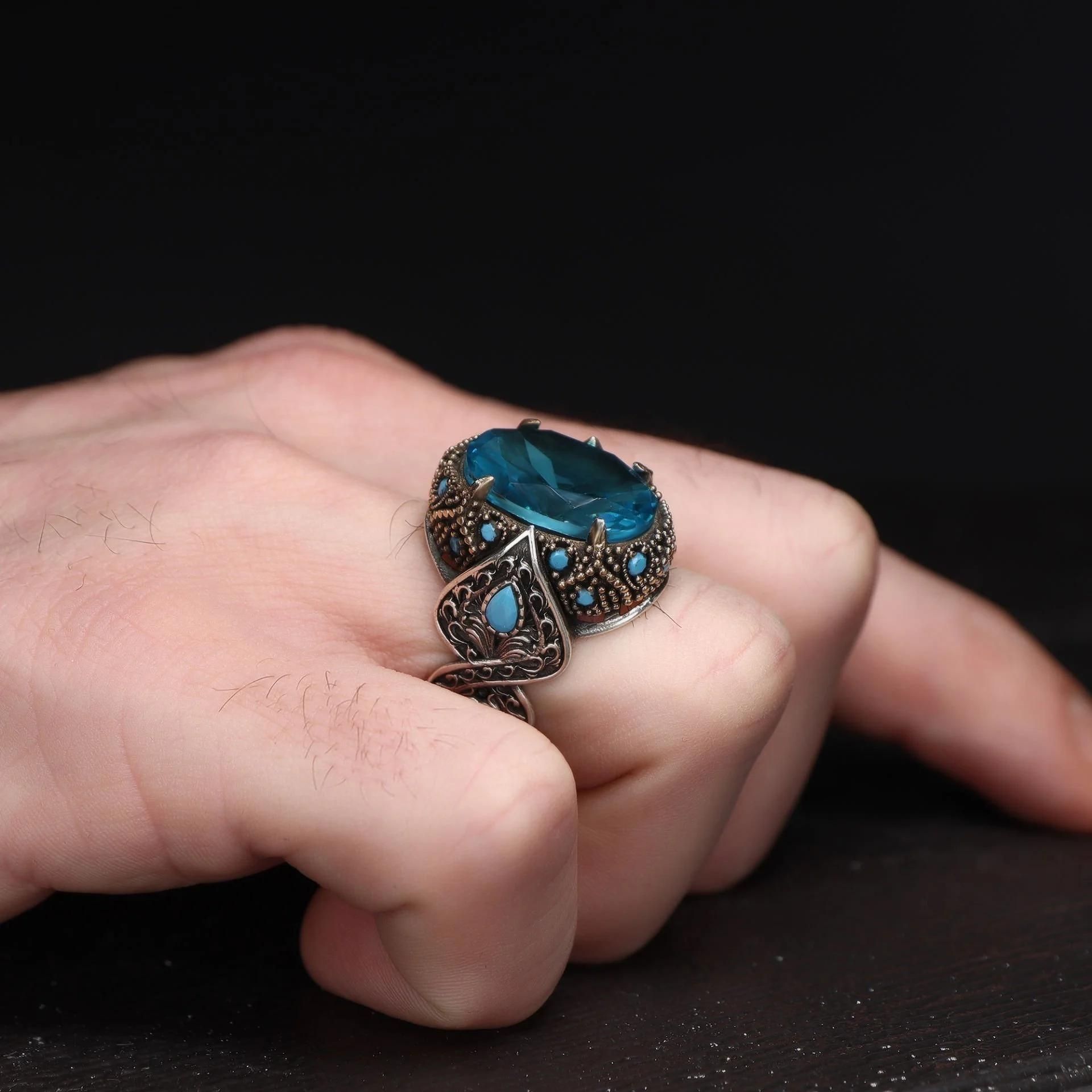 925 Ayar Erkek Gümüş Blue Topaz Taşlı Yüzük