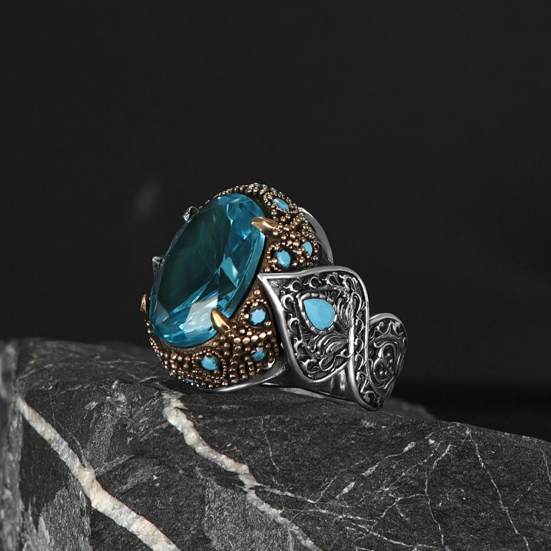 925 Ayar Erkek Gümüş Blue Topaz Taşlı Yüzük