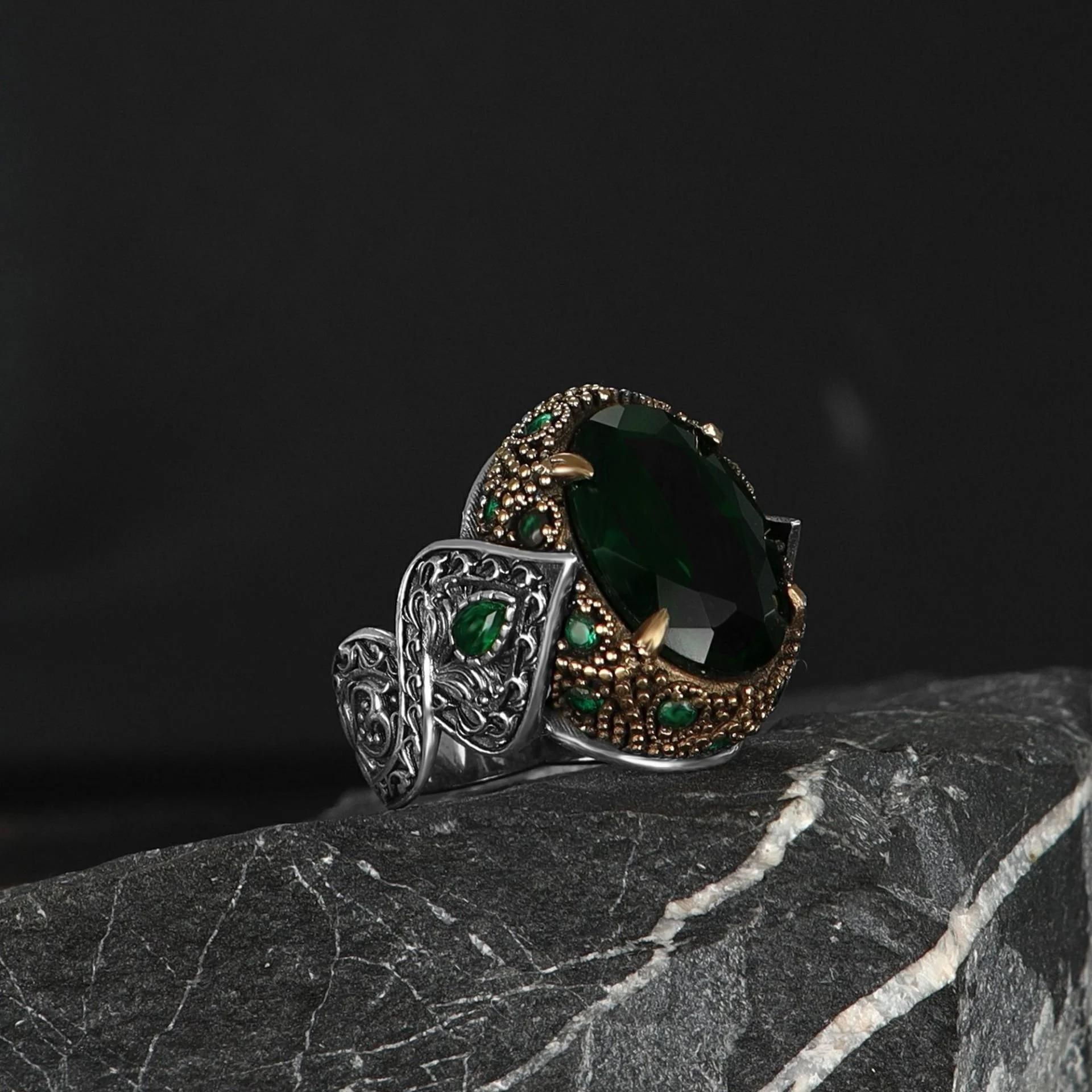 925 Ayar Yeşil Zirkon Taşlı Erkek Gümüş Yüzük