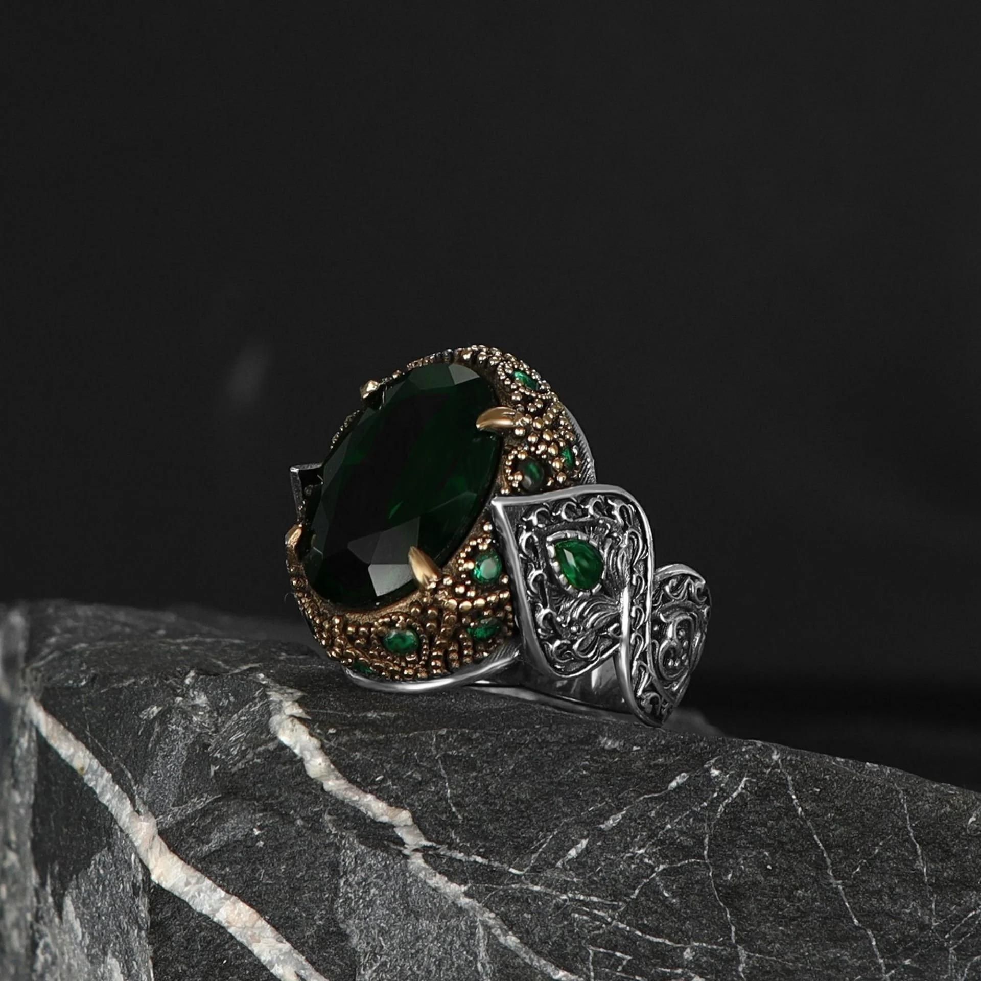 925 Ayar Yeşil Zirkon Taşlı Erkek Gümüş Yüzük