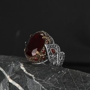 Kırmızı Zirkon Taşlı 925 Ayar Erkek Gümüş Yüzük