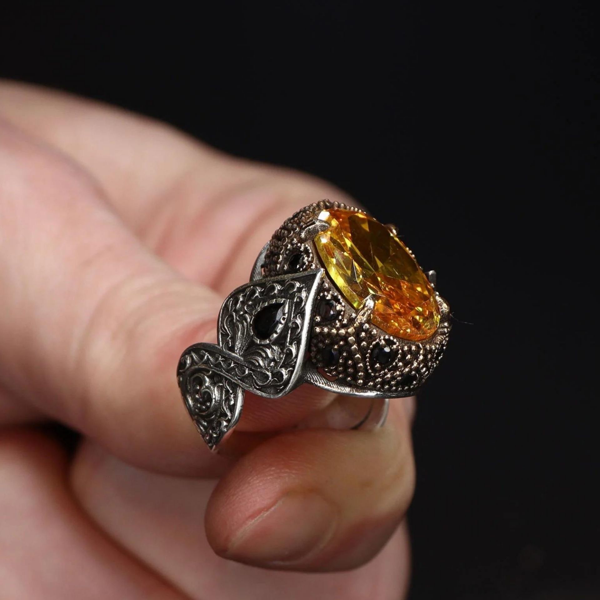 Sitrin  Taşlı 925 Ayar Erkek Gümüş Yüzük