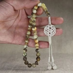 Gümüş Kazaz Püsküllü 1000 Ayar Fosilli Damla Kehribar Tesbih