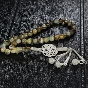 Gümüş Kazaz Püsküllü 1000 Ayar Fosilli Damla Kehribar Tesbih