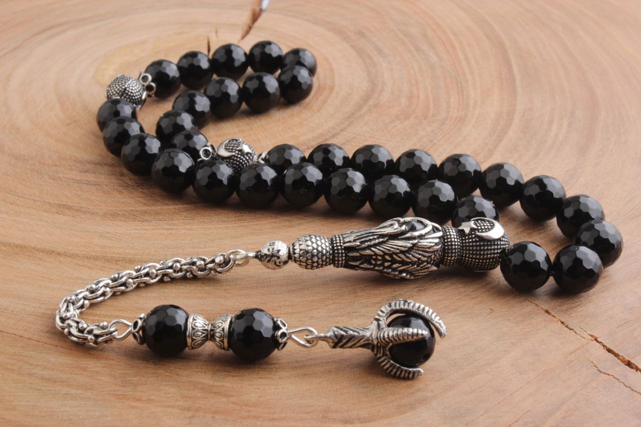 Gümüş Püskül ve İmameli Oniks Taşı Tesbih