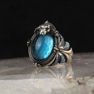 Blue Topaz Taşlı 925 Ayar Erkek Gümüş Yüzük
