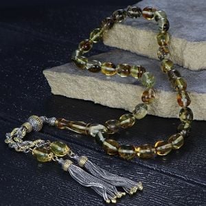 Gümüş Püsküllü Fosilli Damla Kehribar Tesbih