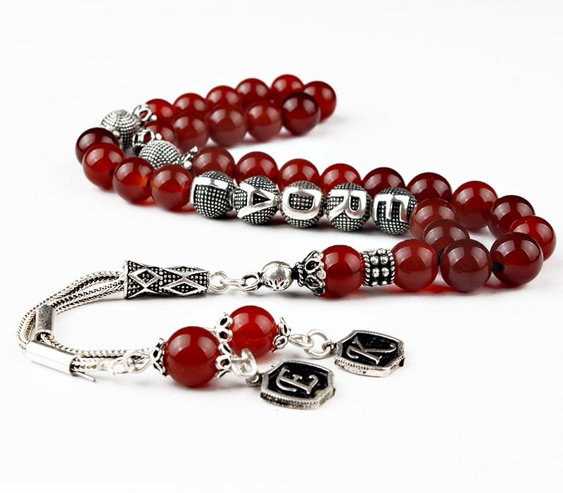 Gümüş İsim Yazılı Gümüş Püsküllü Akik Taşı Tesbih