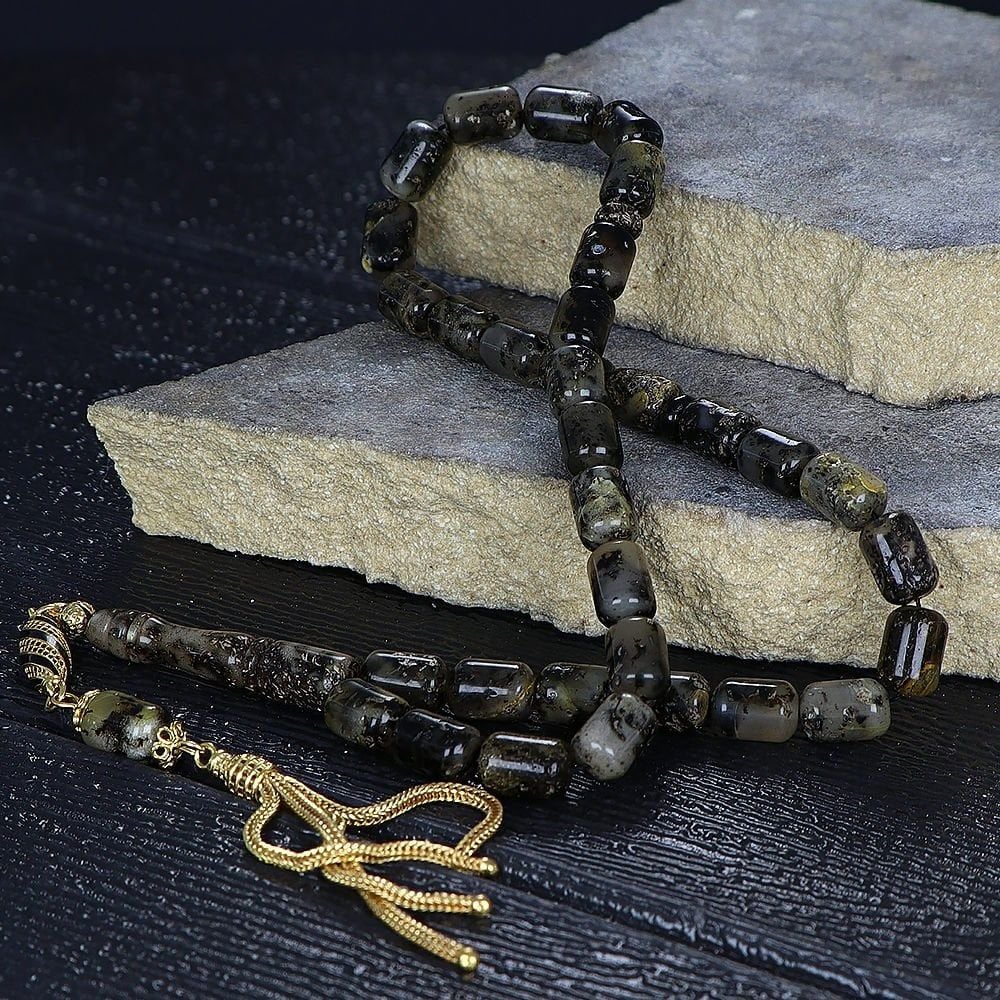 Kapsül Kesim Gümüş Püsküllü Fosilli Damla Kehribar Tesbih