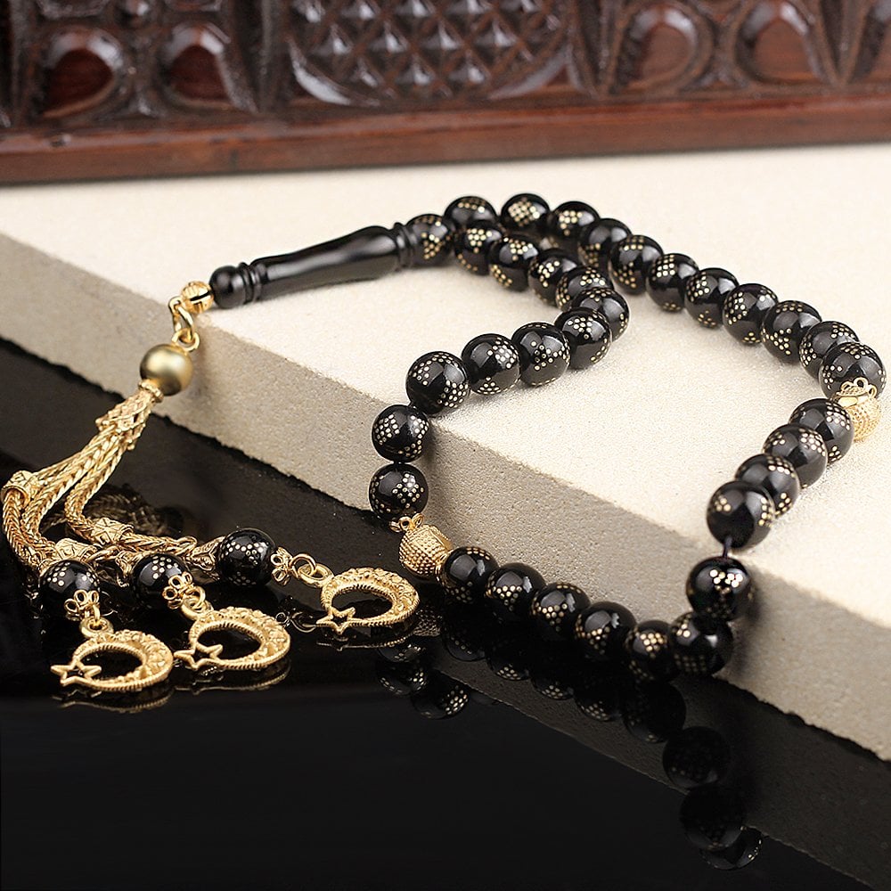 Altın Kaplama Gümüş Püsküllü Oltu Tesbih