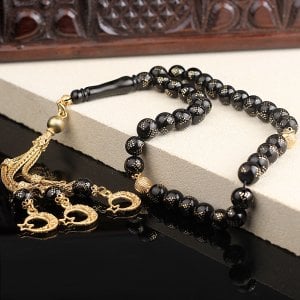 Altın Kaplama Gümüş Püsküllü Oltu Tesbih