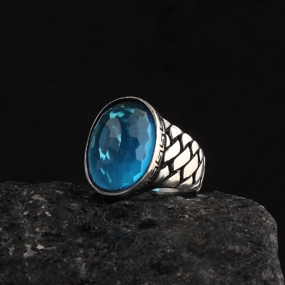 Blue Topaz Taşlı 925 Ayar Erkek Gümüş Yüzük