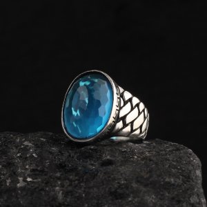 Blue Topaz Taşlı 925 Ayar Erkek Gümüş Yüzük