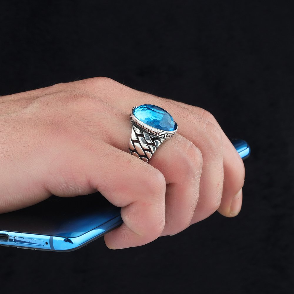Blue Topaz Taşlı 925 Ayar Erkek Gümüş Yüzük
