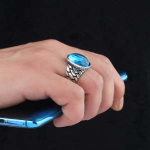 Blue Topaz Taşlı 925 Ayar Erkek Gümüş Yüzük
